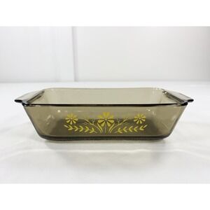 Vintage Glasbake Smoked Amber Glass Yellow Daisy Flower Loaf Pan Casserole Dish